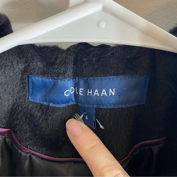 Cole Haan Wool Black Trench Dress Coat Sz 6 Black Jacket Women’s Furry - Picture 8 of 11